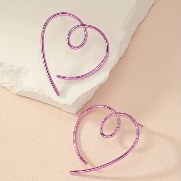 Hollow Pink Hearts Swirl Metal Earrings Valentine Love - Picture 1 of 6